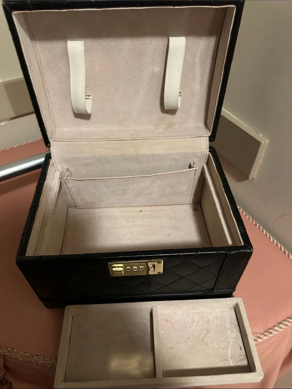 Quilted Black Leather Train Case with Gold Hardware